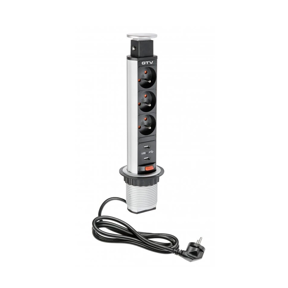 Sähkötolppa 60mm 3kpl 230V Pistorasia 2kpl USB – Hopea