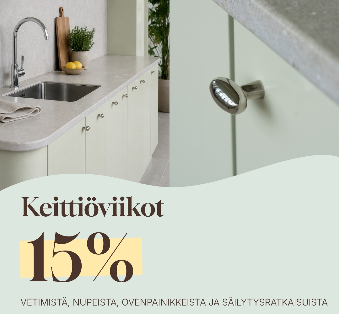 Keittiöviikot – 15% alennusta vetimistä, nupeista, ovenpainikkeista ja säilytysratkaisuista.