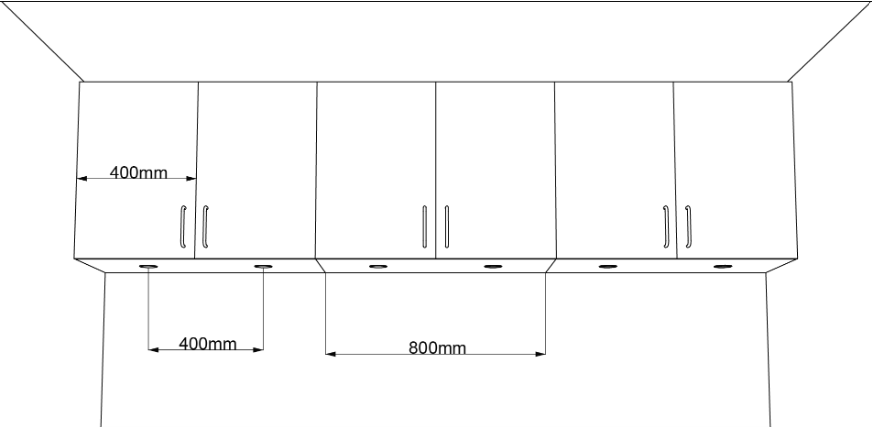 Spottivalojen sijoittelu 400 mm leveillä keittiönovilla